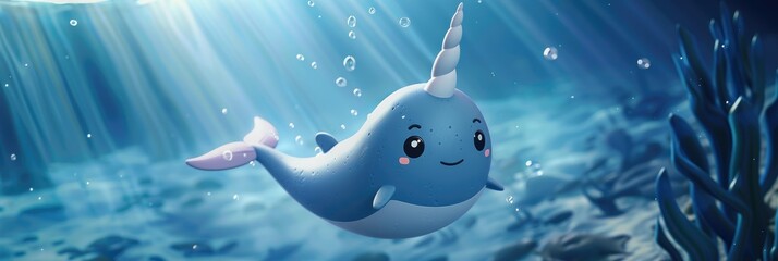 A cute baby narwhal swimming in the deep blue sea - obrazy, fototapety, plakaty