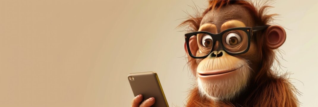 A cute smiling monkey wearing glasses holding an iPhone