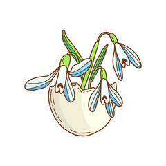 Easter egg with snowdrop flowers, hand drawn doodle vector. Trendy Easter design.