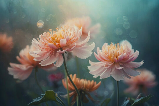 Bright image with flowers, pastel retro colors. Delicate pink buds, blurred background, glare of the sun.