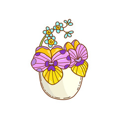 Easter egg with pansy flowers, hand drawn doodle. Trendy Easter design.