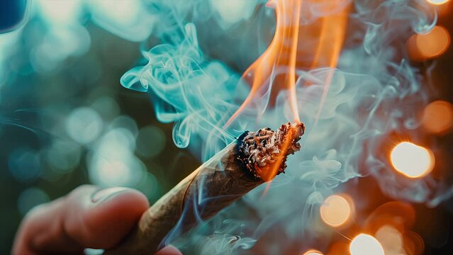 Slow motion lose up macro shot of a flaming cannabis blunt being held by two fingers with smoke and forest in the background