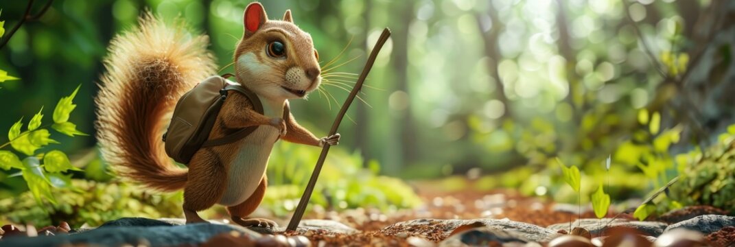 A charming little squirrel with big eyes, dressed in hiking gear and carrying an explorer's stick is exploring the forest