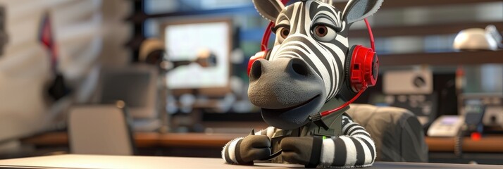 Zebra with headphones in a studio, representing music production and creative expression; Concept of artistry and rhythm