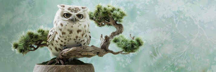 Surreal depiction of a snowy owl merged with bonsai tree on textured background  Concept of nature fusion and serenity