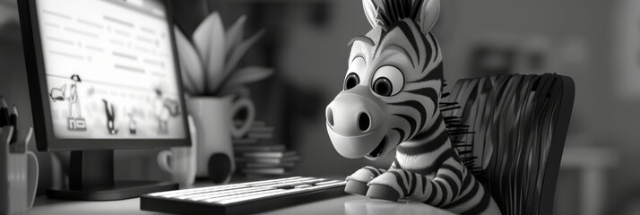 A cute zebra character sitting at the computer desk
