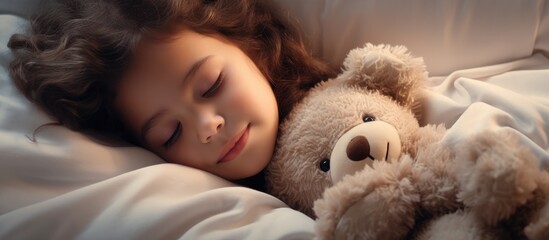 A child peacefully napping with her companion dog, a teddy bear, providing comfort with its soft fur and snout against her nose
