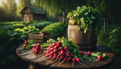 A bunch of red rustic radishes grown organically. Fresh red radish in the garden - 756000293