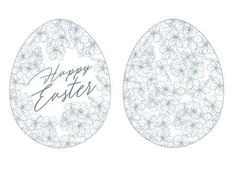 Happy Easter template with blue, white rustic floral eggs, dotted background. Vector illustration. Layout design for invitation, card, menu, flyer, banner, poster, voucher.