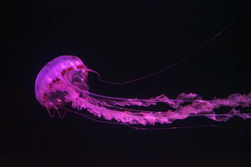 Purple-striped Jellyfish, Chrysaora colorata swimming in dark water of aquarium tank illuminated with pink neon light. Aquatic organism, animal, undersea life, biodiversity