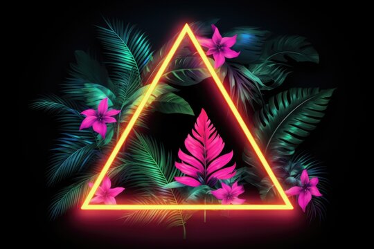 Neon frame surrounded by palm branches. Glowing neon border. Jungle summer disco party. Exotic design for card, banner, poster, fyer