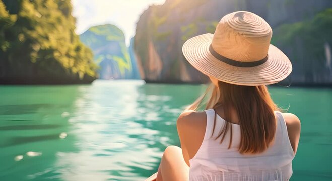 Woman with Straw Hat Enjoying Boat Trip near Island Resort