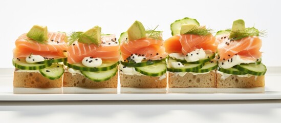 A rectangular white plate featuring finger food sandwiches with salmon, cucumber, and avocado garnished for an event. BoatShaped ingredients baked for a delicious cuisine dish