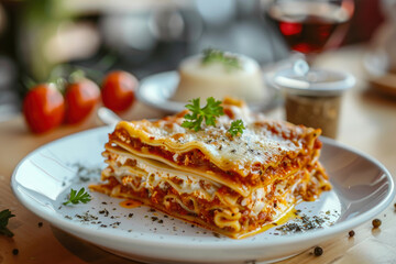 piece of traditional Italian lasagne on a white plate with minced meat, basil, Bolognese sauce in a restaurant. - obrazy, fototapety, plakaty