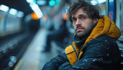 A sad man sitting on a bench in an empty subway station, looking downcast - obrazy, fototapety, plakaty