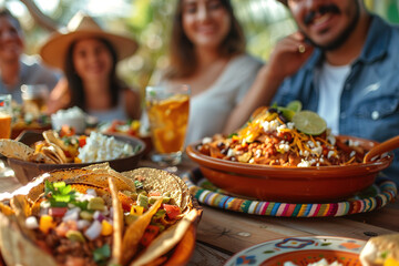 Mexican friends celebrating and eating together at the table full of Mexican food. AI generative