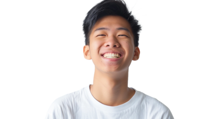 Portrait of an smiling attractive asian male student isolated on transparent PNG or white background.