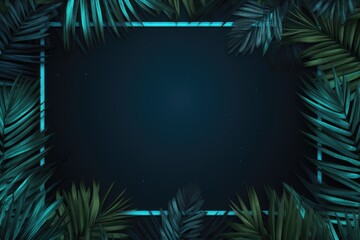 Blue neon frame surrounded by palm branches. Glowing neon border. Jungle summer disco party. Exotic design for card, banner, poster, fyer - obrazy, fototapety, plakaty