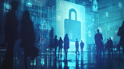 A group of business people stand in front, their silhouette in a double exposure with digital security symbols and a padlock on the screen Generative AI