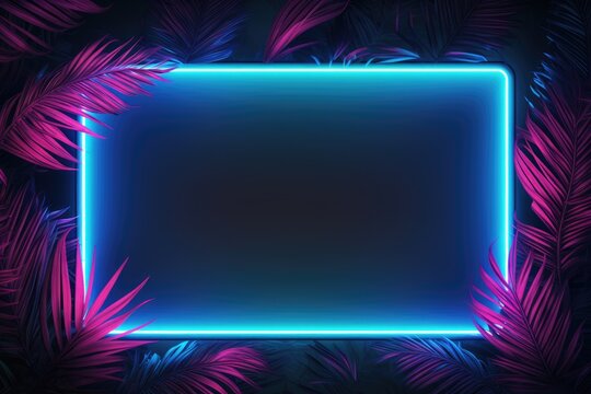 Blue neon frame surrounded by palm branches. Glowing neon border. Jungle summer disco party. Exotic design for card, banner, poster, fyer