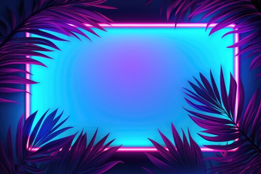 Purple neon frame surrounded by palm branches. Glowing neon border. Jungle summer disco party. Exotic design for card, banner, poster, fyer