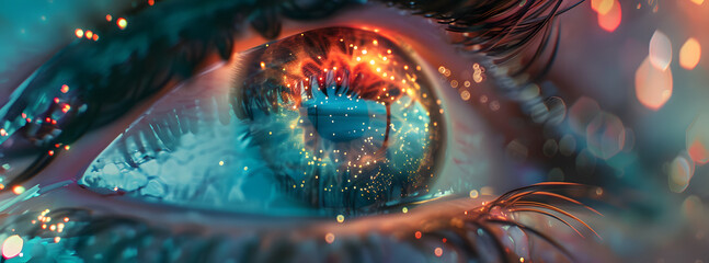 A mesmerizing close-up of a woman's eye, adorned with stars, glowing light, and ethereal aether clouds, creates a captivating cosmic wonder and a sense of ethereal beauty. - obrazy, fototapety, plakaty