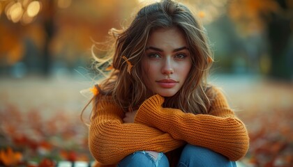 A sad woman sitting alone on a bench in a deserted park, hugging her knees - obrazy, fototapety, plakaty
