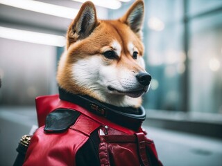 Shiba inu wearing red techwear suit