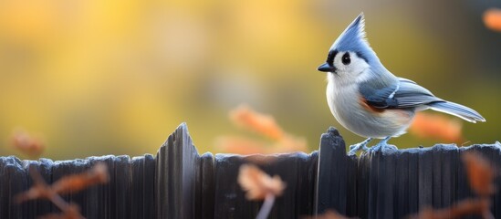 A songbird with colorful feathers perches on a wooden fence post, its beak slightly open as it gazes at the grass below. Macro photography captures details of its wings and the surrounding plants