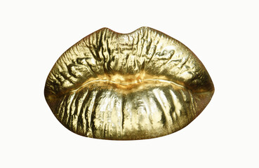 Golden lipstick on lips, female gold mouth. Imprint lips. Luxury cosmetics for women.