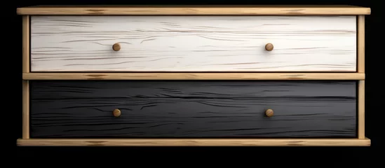 Crédence de cuisine en verre imprimé Magasin de musique A wooden dresser made of hardwood with two drawers, in a black and white color scheme, displayed on a black background