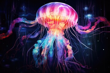 Colorful jellyfish swimming underwater. Aurelia jelly fish on blurred dark background. Beautiful marine life, save ocean. World ocean day - obrazy, fototapety, plakaty