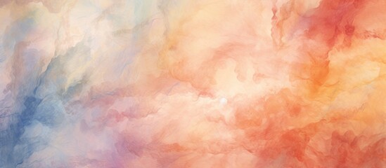 A painting of cumulus clouds in a peachcolored sky, with tints and shades creating a mesmerizing pattern. The use of wood as the canvas adds to the overall beauty of the artwork