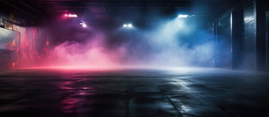 A mysterious atmosphere filled with red, blue, and white lights creating a cloud of smoke,...
