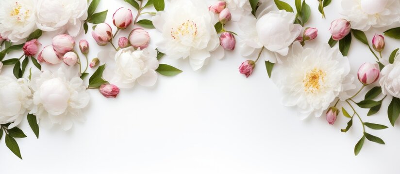 A beautiful arrangement of white flowers with pink buds and green leaves on a white background, perfect for a floral design or still life photography