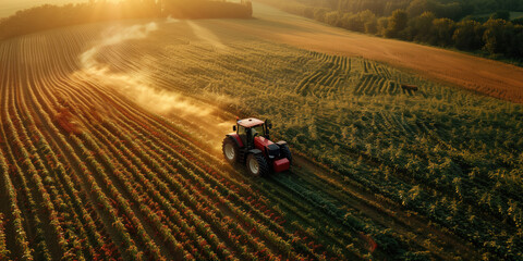 Golden sunset over a vast farm field with a red tractor working amidst the orderly rows of crops.