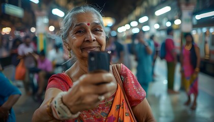 Elderly Indian woman taking a selfie at a train station - obrazy, fototapety, plakaty