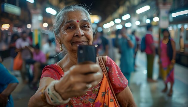 Elderly Indian woman taking a selfie at a train station