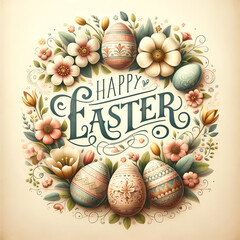 happy easter greeting with decorative eggs and floral elements