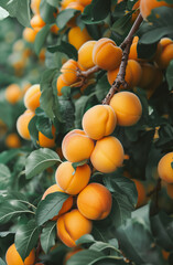 Fresh juicy apricots on a tree in a spring garden