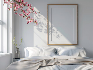 Blank Picture Frame Mockup above Bed with White Bedding and a Blooming Cherry Blossom Branch