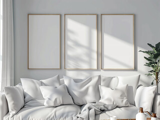 Three Blank Wooden Frames Mockup on the Living Room Wall above the White Sofa with Grey Pillows and a Blanket