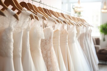 Elegant white bridal dresses hanging in boutique salon. Luxury wedding gowns in bridal shop closeup