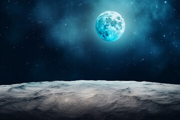 Surreal lunar landscape under a vibrant blue moon