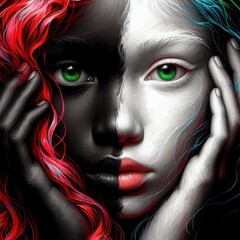Nice combind black and white painted draw portrait of young redhead girl with green eyes close up maked with artificial intelligence - 756004415