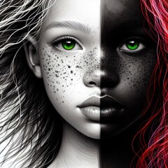 Nice combind black and white painted draw portrait of young redhead girl with green eyes close up maked with artificial intelligence - 756004422