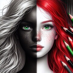 Nice combind black and white painted draw portrait of young redhead girl with green eyes close up maked with artificial intelligence - 756004438