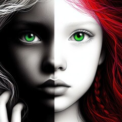 Nice combind black and white painted draw portrait of young redhead girl with green eyes close up maked with artificial intelligence - 756004452