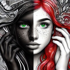 Nice combind black and white painted draw portrait of young redhead girl with green eyes close up maked with artificial intelligence - 756004455