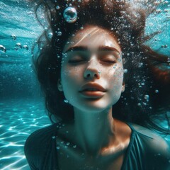 Nice young redhead girl underwater portrait made by artificial intelligense - 756004465